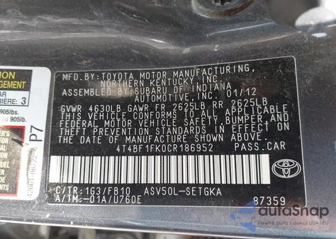 2012 Toyota Camry Xle из США, поврежденный, VIN 4T4BF1FK0CR186952